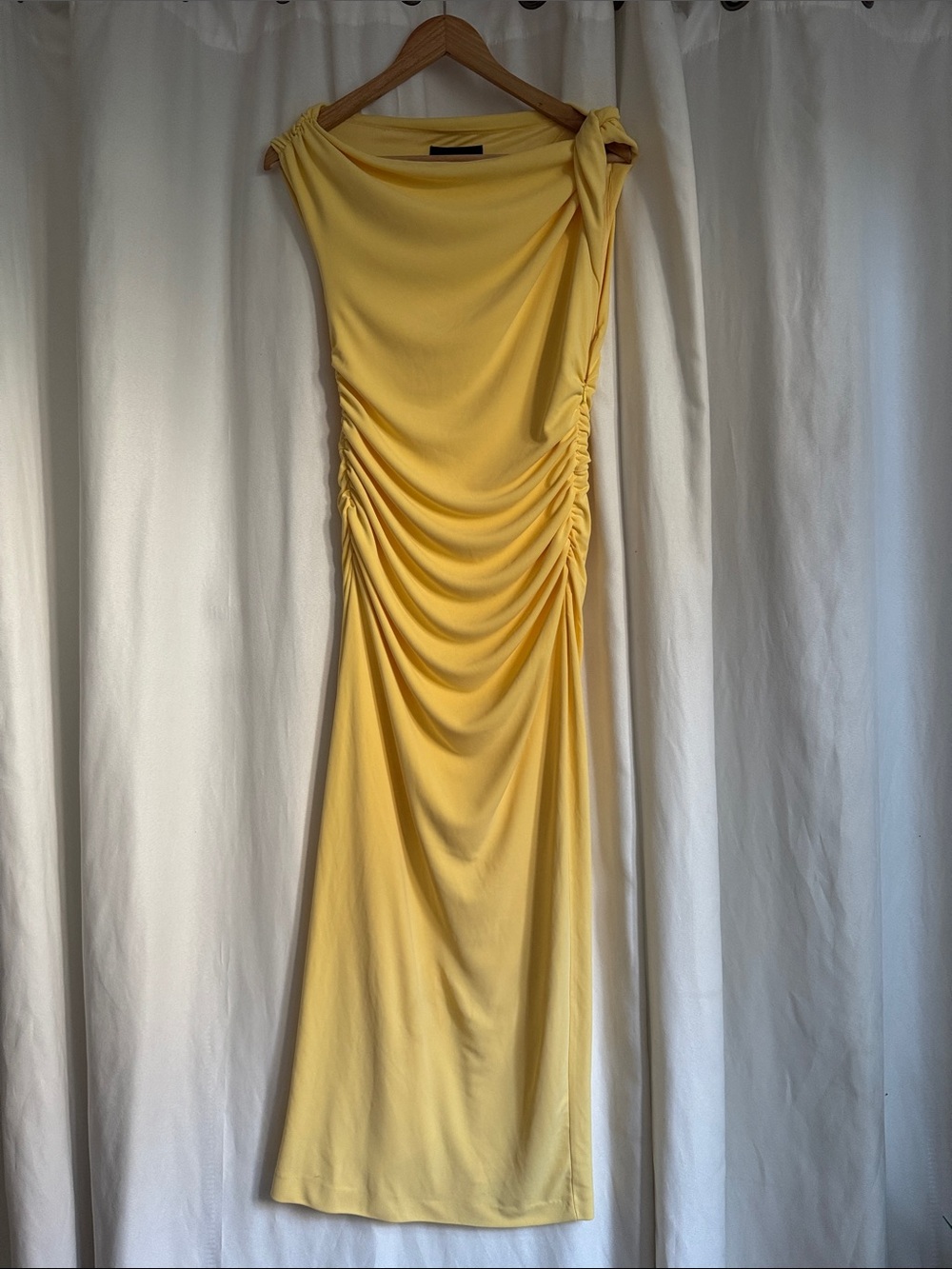 Zara Yellow Ruched One-Shoulder Maxi Dress